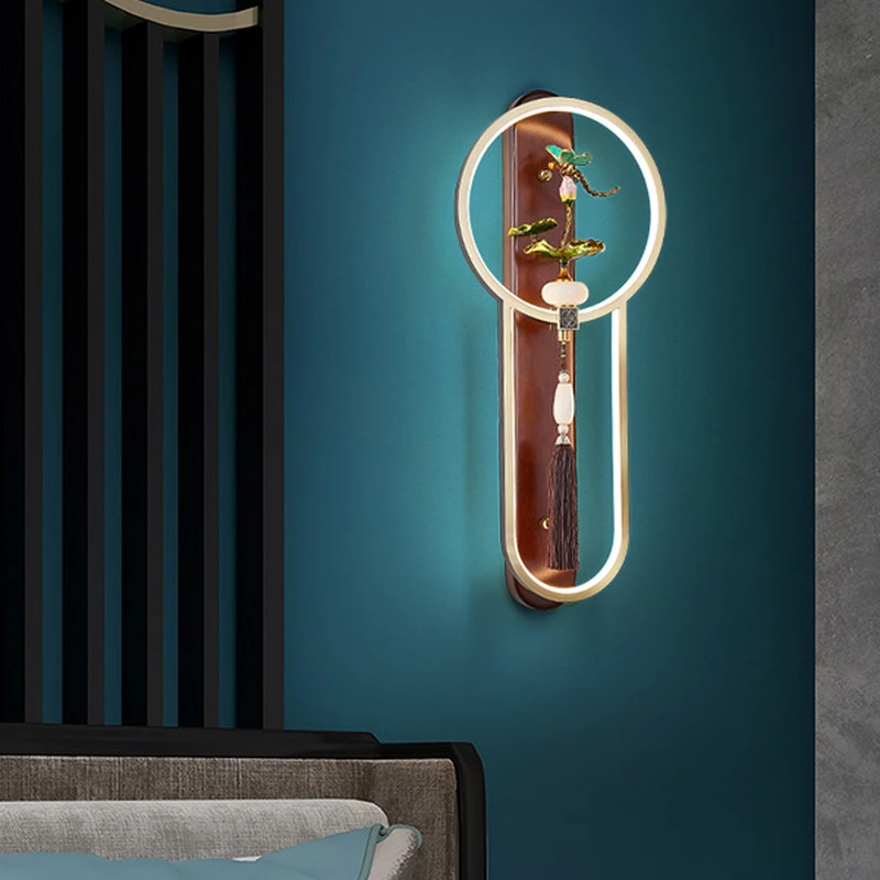新中式中国风轻奢全铜酒店创意家用简约实木壁灯客厅背景墙灯卧室
