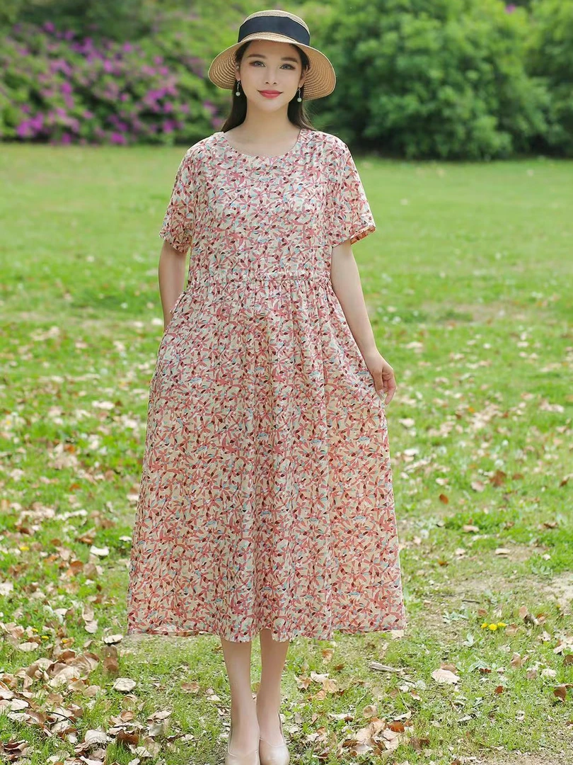 复古夏季显瘦气质收腰碎花时尚休闲印花中长款大码宽松连衣裙