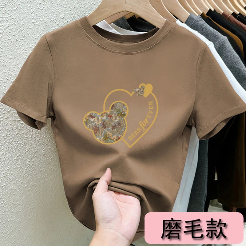 正肩磨毛短袖t恤女纯棉时尚百搭内搭上衣加厚款小众设计感秋冬季