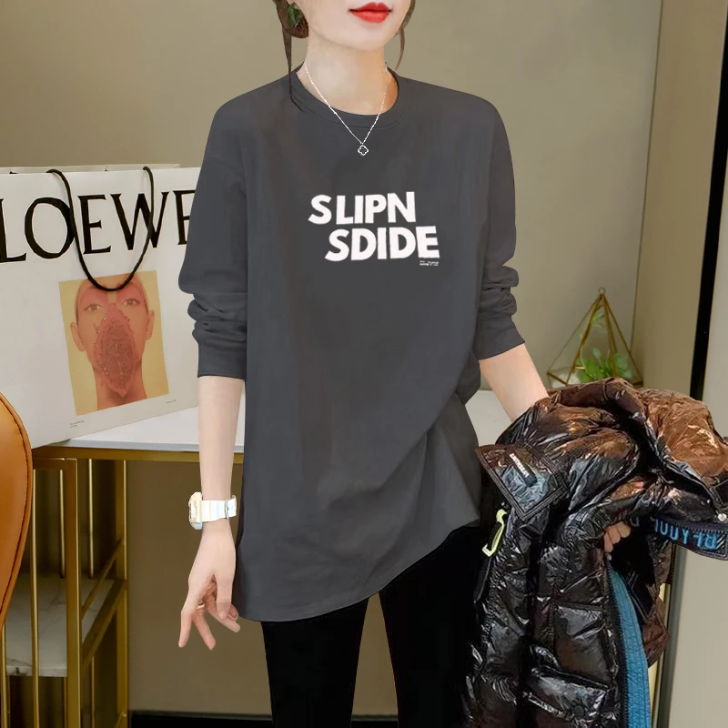 灰色纯棉打底衫女秋冬新款欧货中长款t恤遮屁股鲨鱼裤搭配的上衣