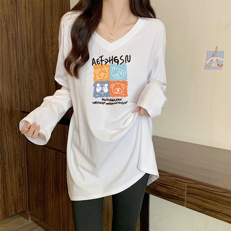 中长款纯棉白色打底衫女内搭春秋V领长袖t恤女遮屁股卫衣叠穿上衣