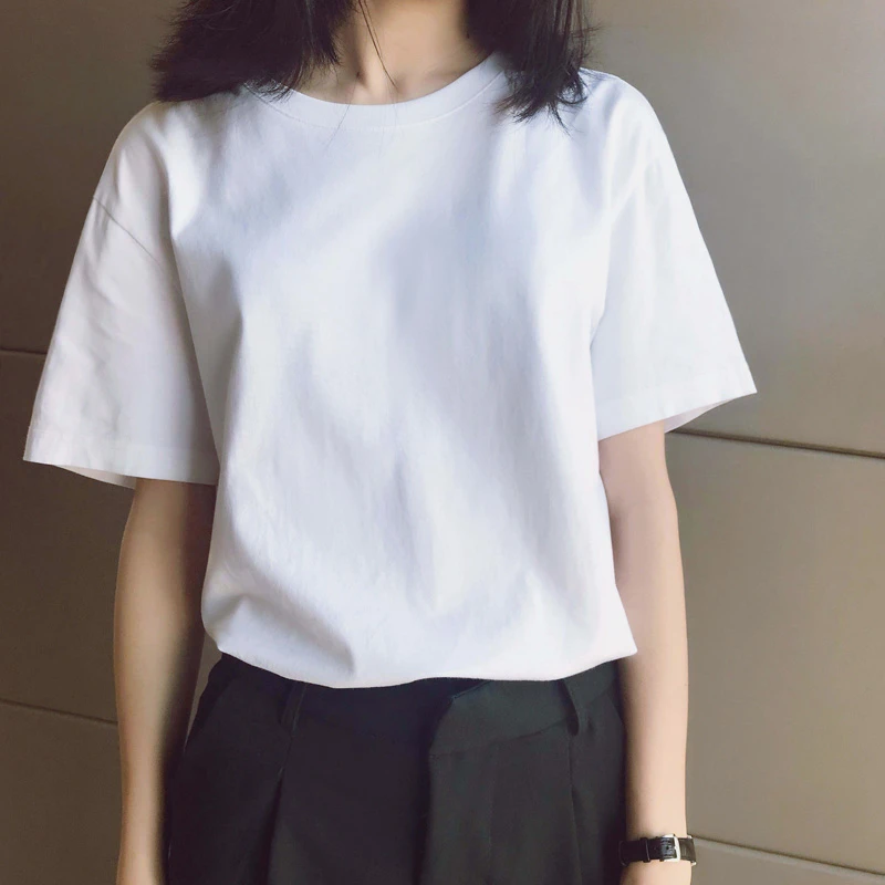 白色t恤女磨毛加厚纯棉宽松百搭ins圆领短袖大码内搭打底衫女潮
