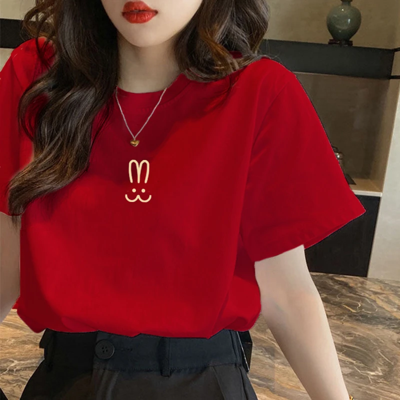 韩版洋气百搭加厚打底衫新年红衣服欧货本命年红色磨毛短袖t恤女