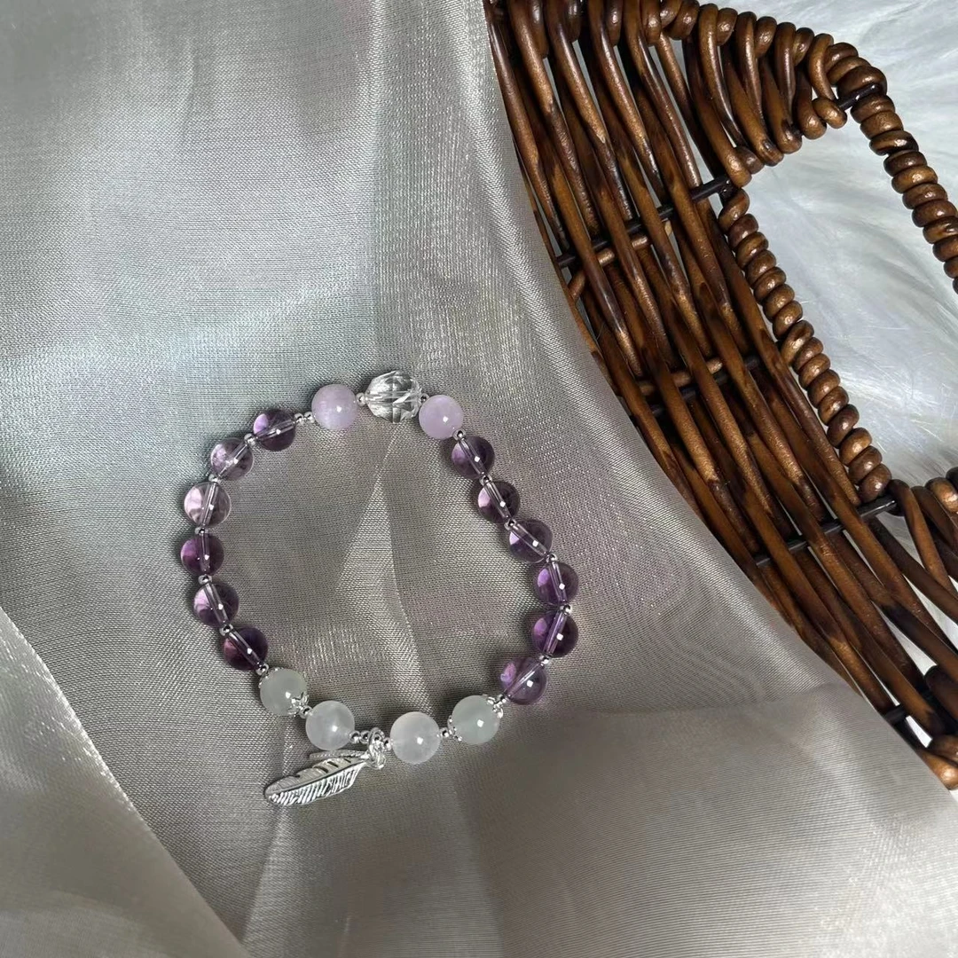 DEC066 紫水晶+紫锂辉+白蓝月光S925银羽毛手链