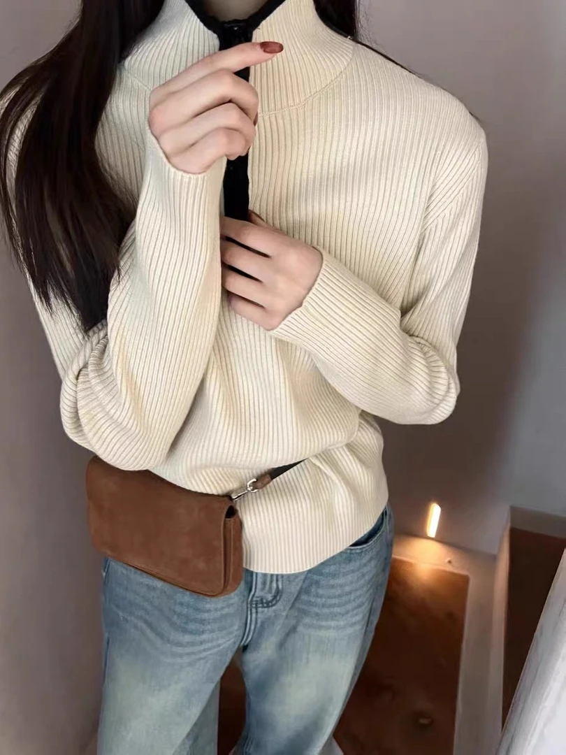 【简洁拉链衫】SSJ坑条立领半拉链毛衣