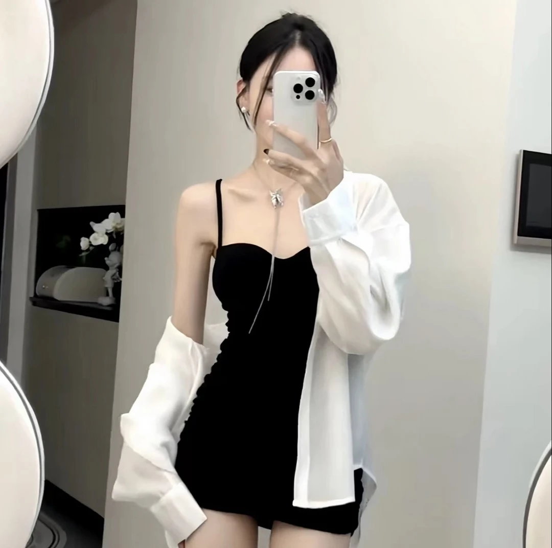2024夏季新款设计感小众吊带连衣裙长袖防晒衬衣两件套套装裙子女