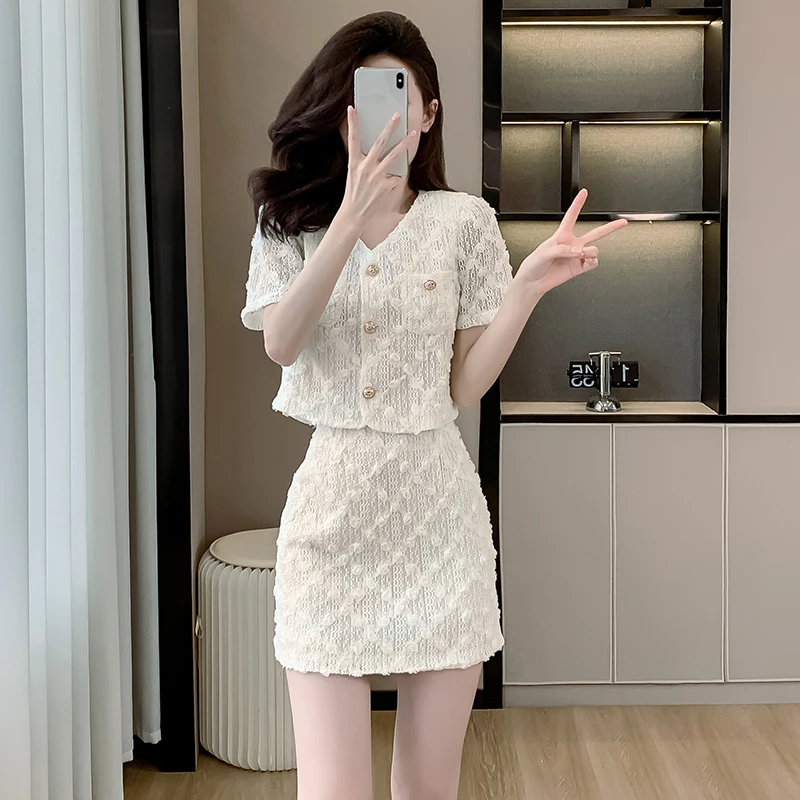 小香风蕾丝上衣半身裙套装夏季搭配一整套小个子名媛气质两件套装