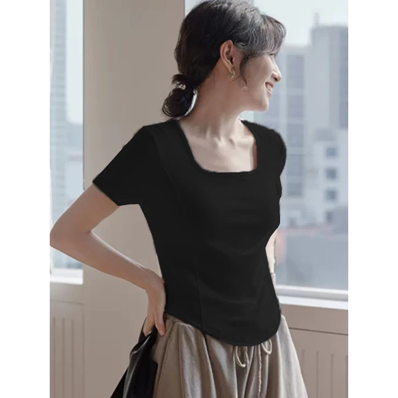 方领设计感小众短袖t恤女2025夏季新款法式纯欲辣妹短款鱼骨上衣