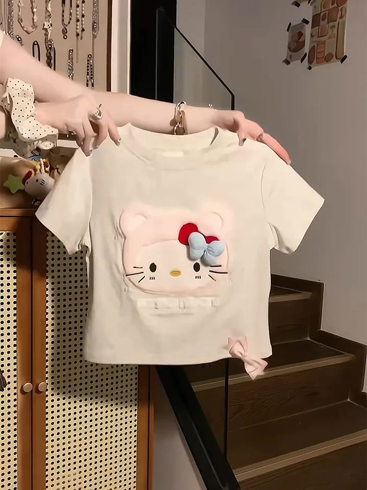 日系可爱甜美哈喽Kitty正肩短袖t恤女夏季小个子kt猫短款修身上衣