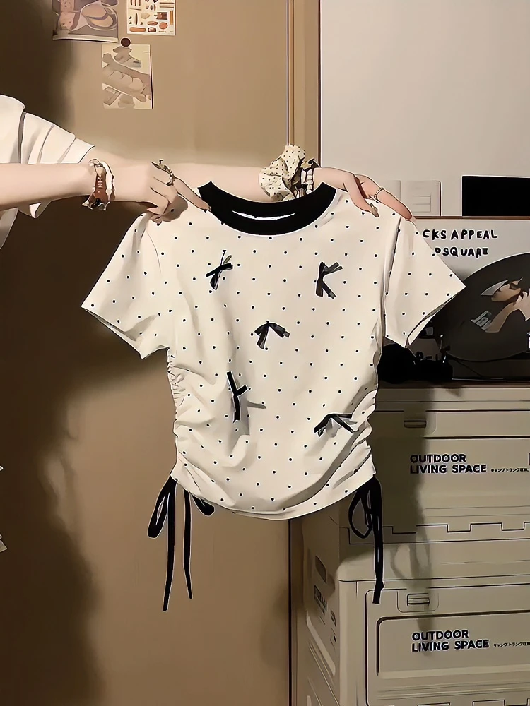 纯欲芭蕾风波点蝴蝶结正肩短袖t恤女韩系甜美小个子修身短款上衣