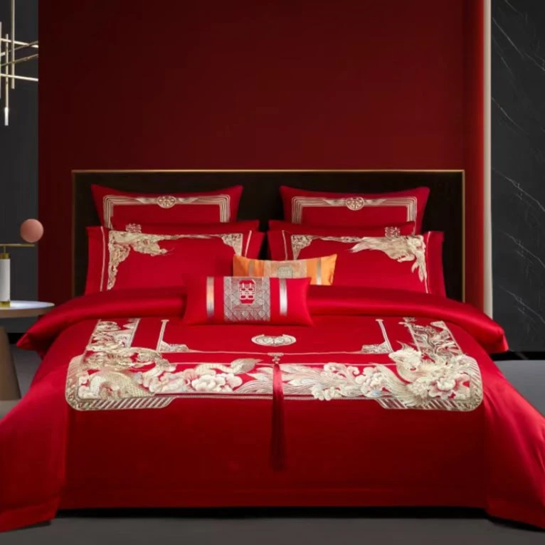 长绒棉婚庆绣花四件套刺绣大红