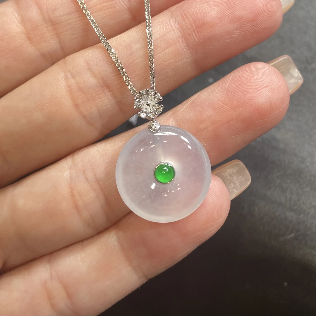 【夏阳翡翠】缅甸天然A货翡翠18k金镶嵌时尚百搭冰透平安扣吊坠