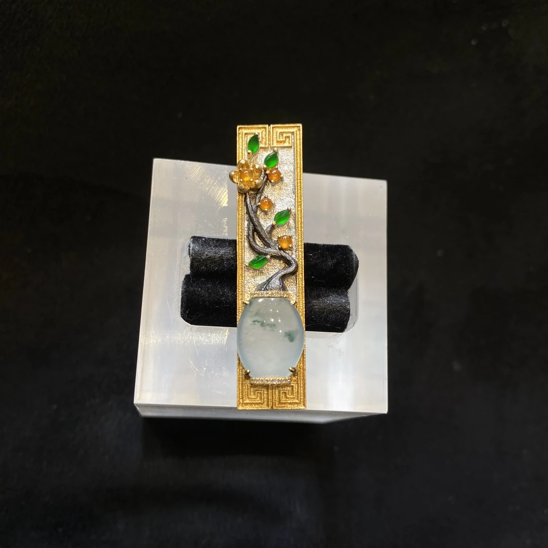 【夏阳翡翠】缅甸天然A货翡翠18k金镶嵌天然南非钻时尚冰透花瓶胸针