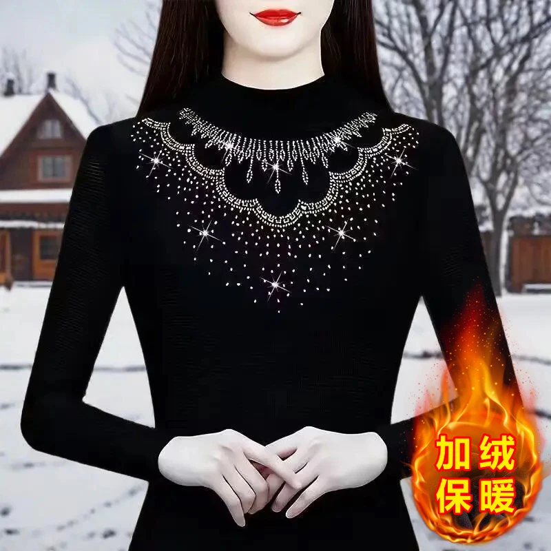 加绒保暖秋冬打底衫黑色半高领上衣大码遮肚子气质长袖减龄小衫女