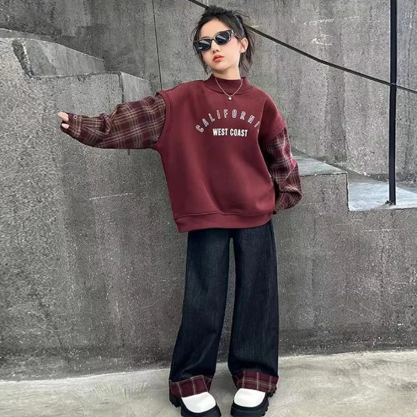 女童2024秋冬上新加绒插肩袖假两件卫衣