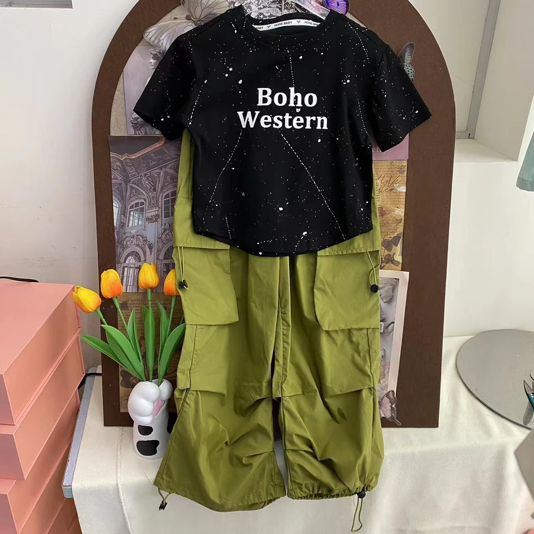 【黑色璀璨星空T恤+绿色工装裤】女童2024夏季薄款时尚套装