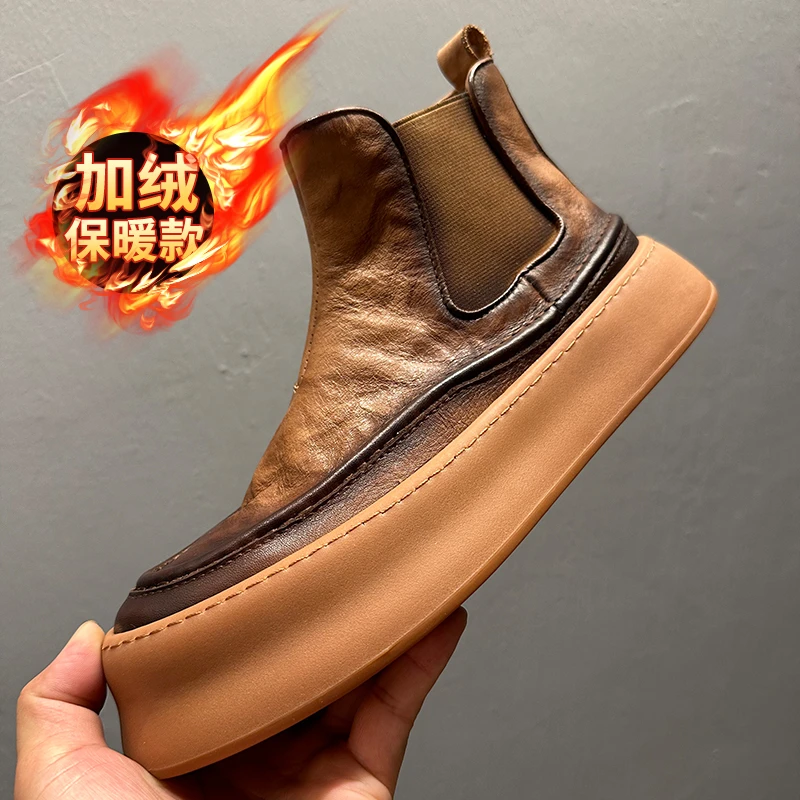 真皮马丁靴男加绒2024冬季复古高帮一脚蹬切尔西靴休闲男鞋棉鞋男