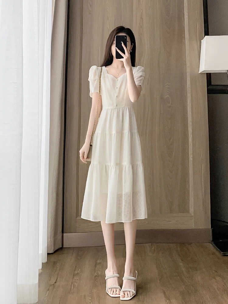 小个子法式白色雪纺连衣裙女夏季2025新款气质收腰遮肚子a字裙子