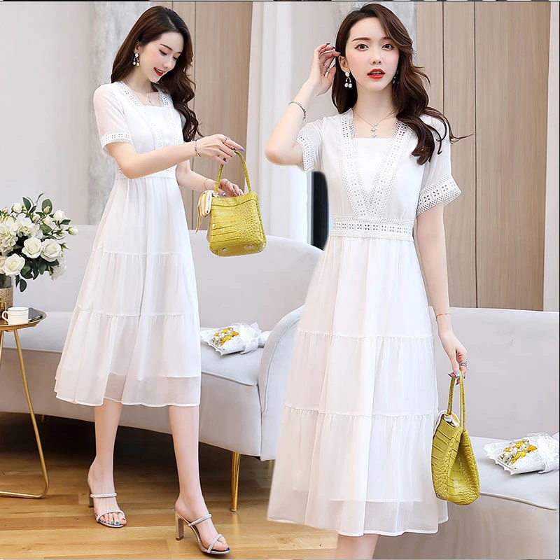雪纺白色连衣裙女夏季2025新款时尚中长款收腰显瘦气质温柔风裙子