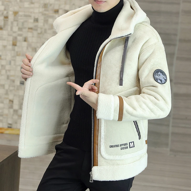 羊羔绒连帽夹克男冬季加绒加厚皮毛一体男生外套秋冬款拼接机车服