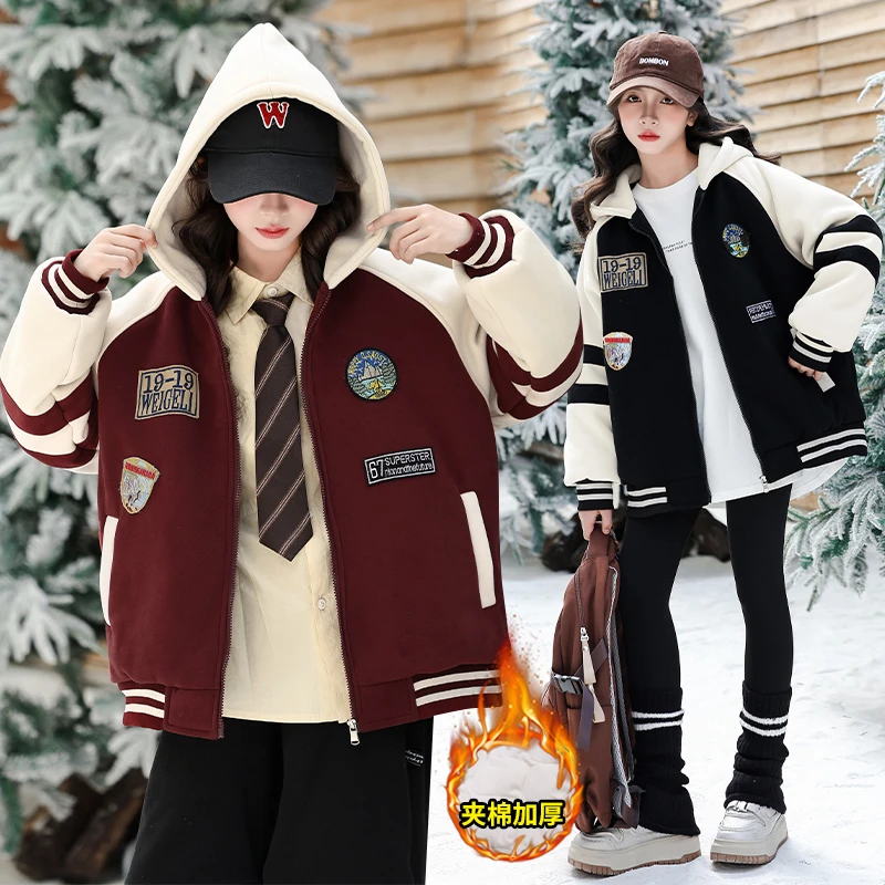 女童秋冬加厚外套2024新款6-12岁15岁中大童冬季洋气休闲夹棉上衣