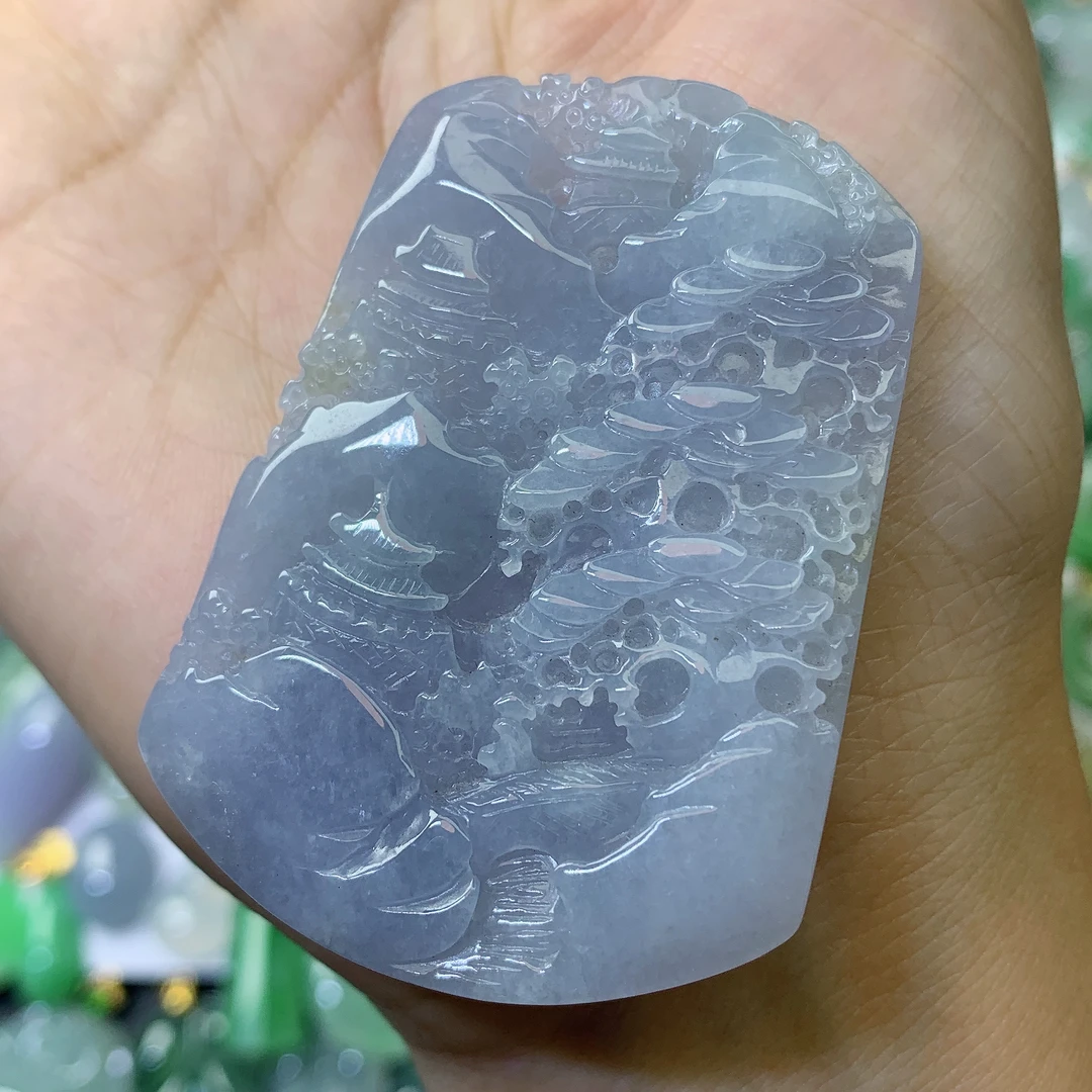 翡翠天然a货 紫罗兰山水牌吊坠53.9×38.7×6