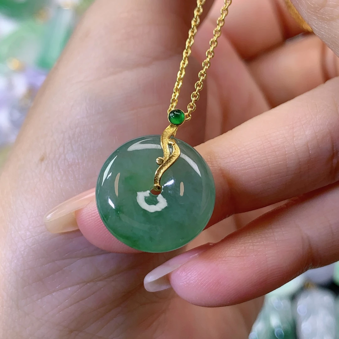 缅甸天然翡翠a货18k金满绿平安扣吊坠17.2×5.5