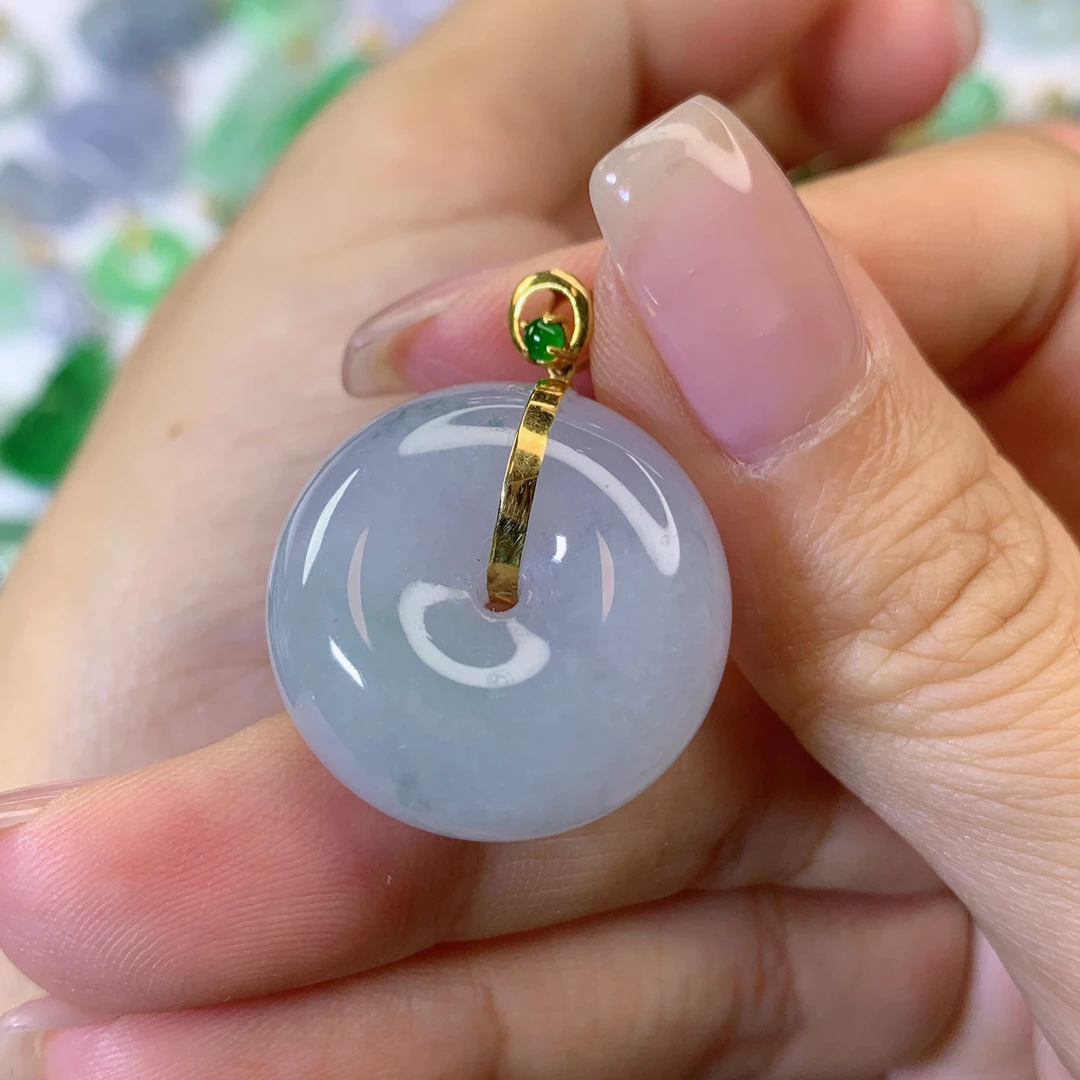 缅甸天然翡翠a货18k金紫罗兰平安肉扣吊坠23.4×11.3