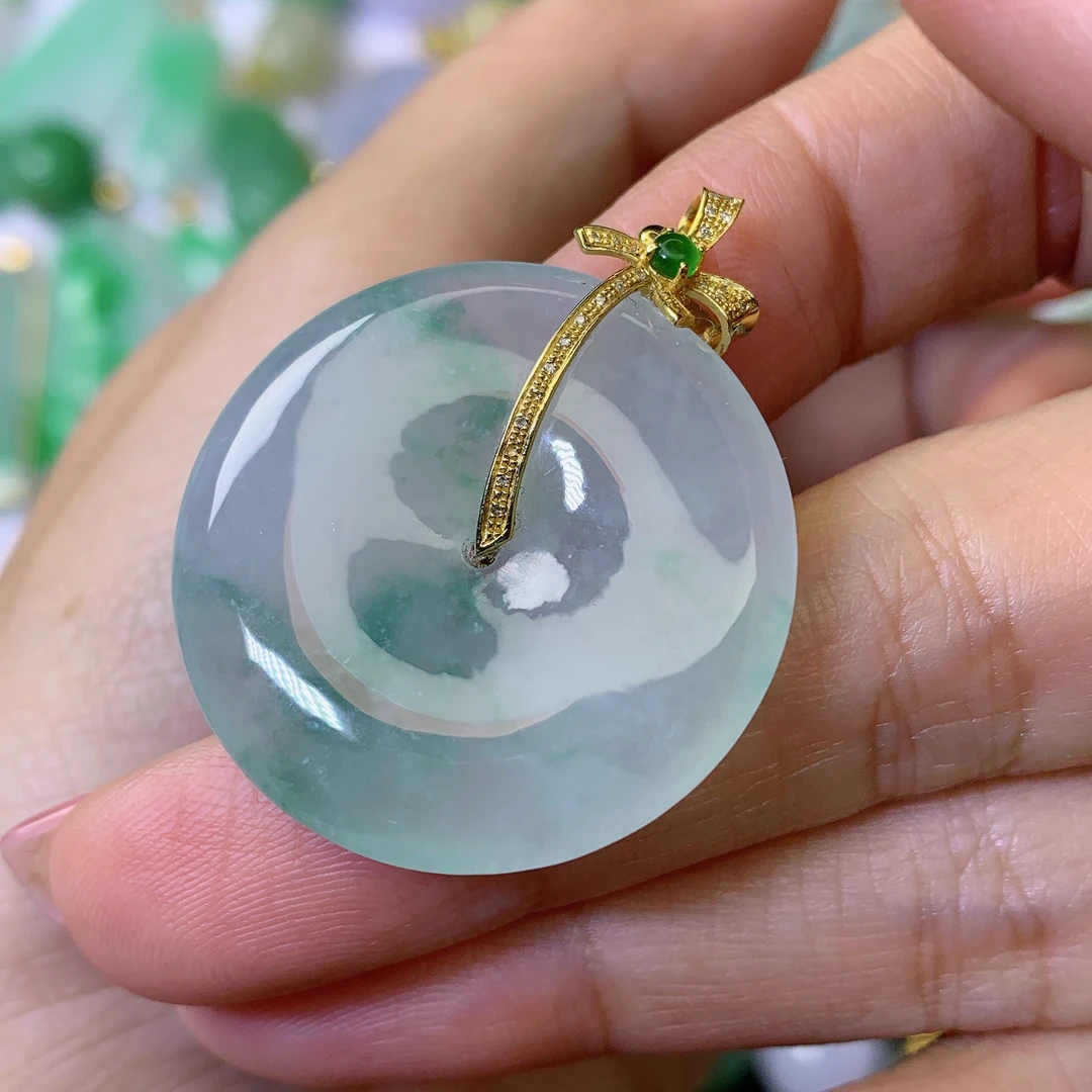 翡翠天然a货18k金冰飘花平安扣吊坠29.3×5.5