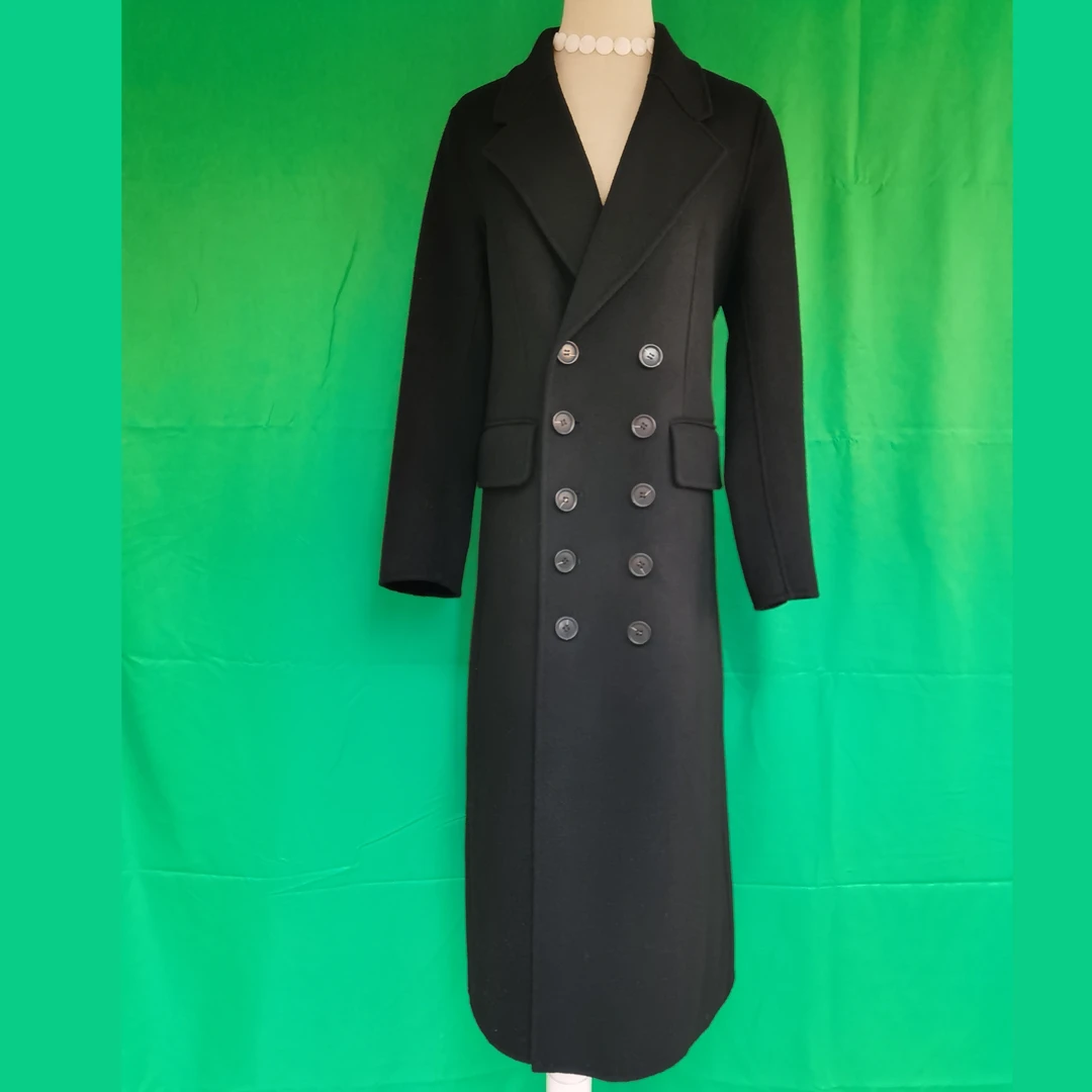 1【鲤趋鳞集】黑色中长款西装版型双排扣修身气质双面呢羊毛大衣