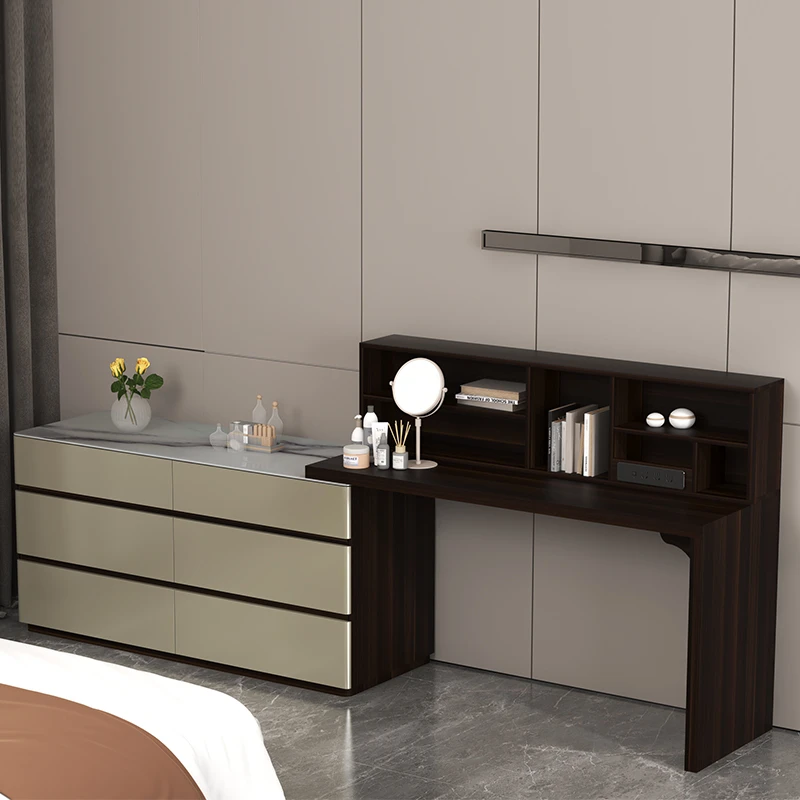 意式岩板梳妆台斗柜一体卧室转角书桌极简可伸缩化妆台床尾储物柜
