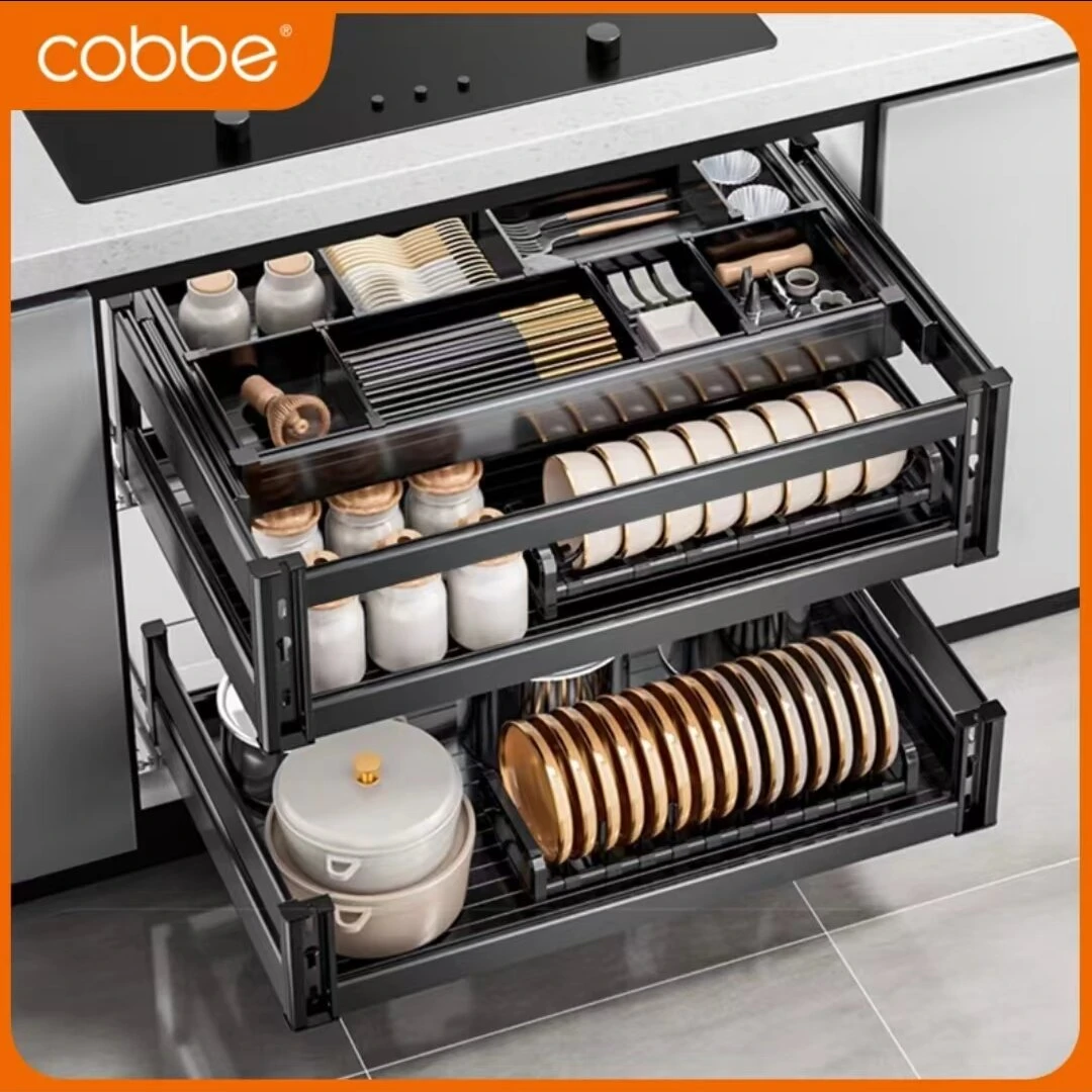 卡贝枪灰拉篮厨房橱柜全铝合金双层抽中抽屉式碗碟架收纳碗篮