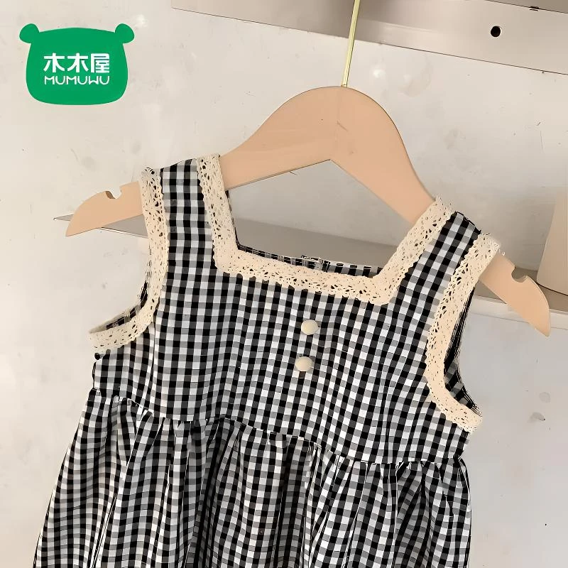 木木屋女童夏装洋气中小童格子夏季女宝宝无袖蕾丝花边裙子复古