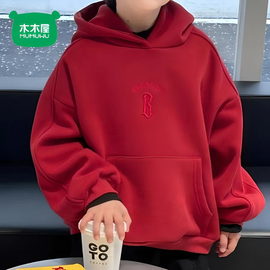 木木屋男童ins红色卫衣新款春装连帽加绒新年加厚儿童红色卫衣