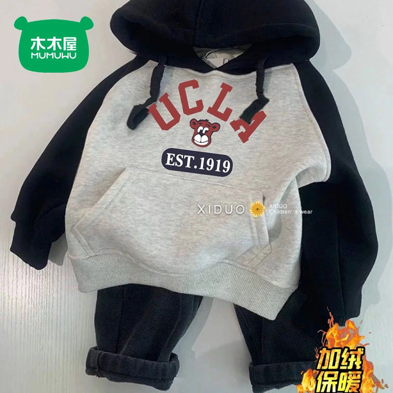 木木屋男童秋冬连帽卫衣韩系新款童装拼色男女宝宝卡通印花卫衣潮