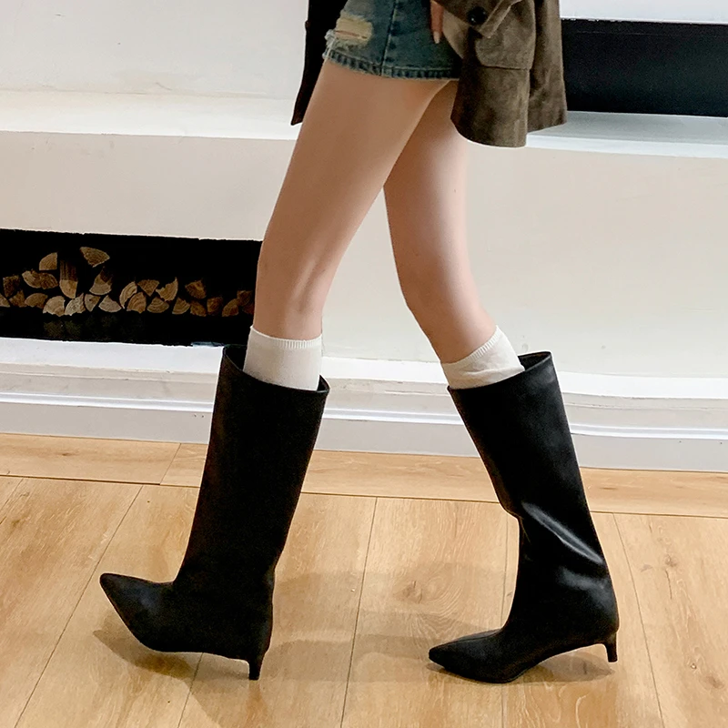 韩版气质百搭细跟直筒靴 | 法式优雅中筒靴简约时尚尖头长筒靴