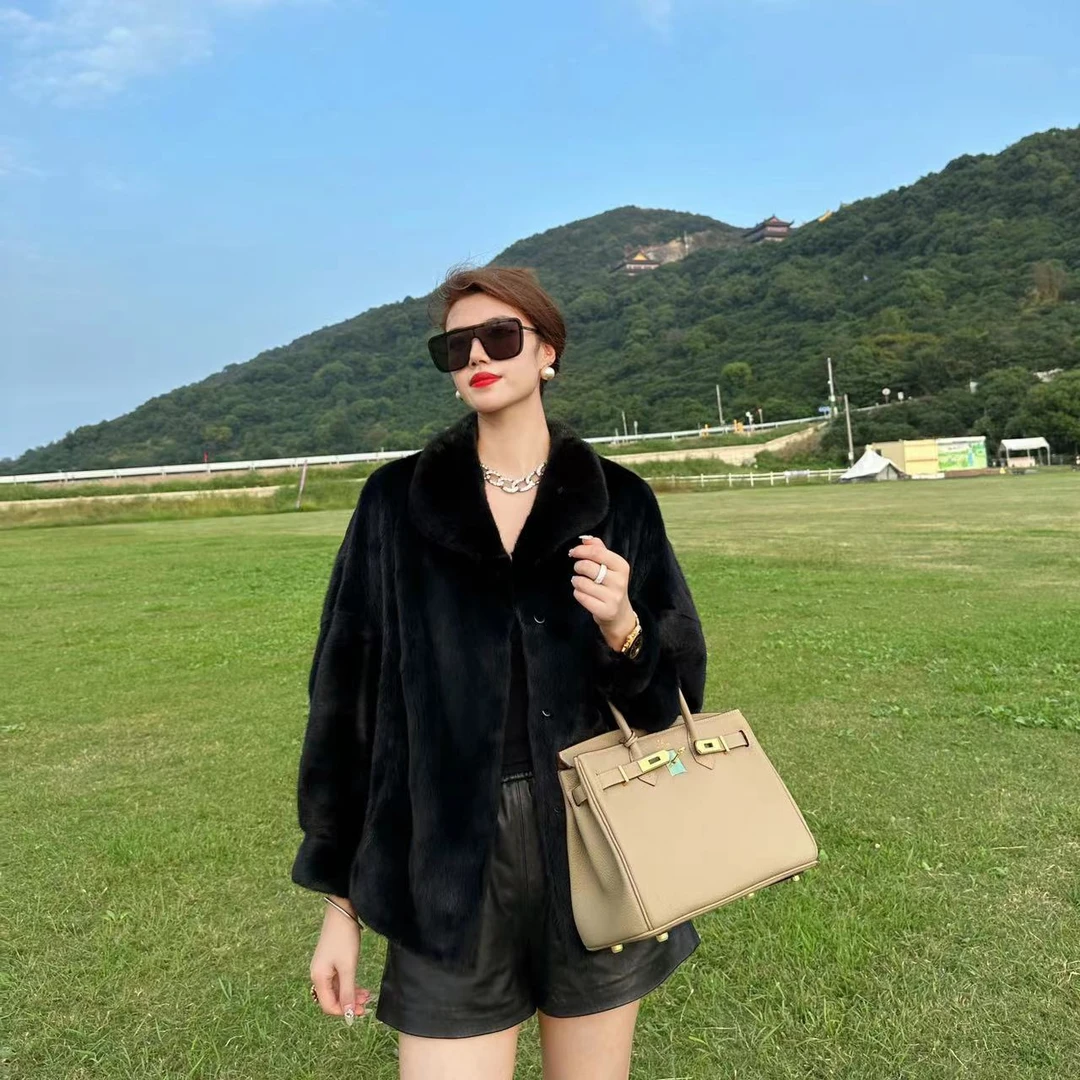 【摩登时代】进口水貂皮草外套休闲女装大衣蝙蝠袖贝壳款65