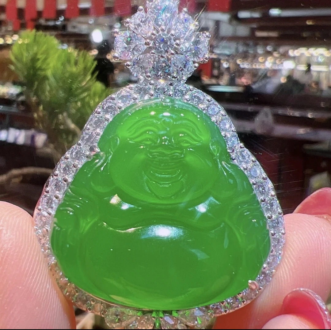 「芳禧珠宝」925银镶天然绿玉髓佛公吊坠 中号