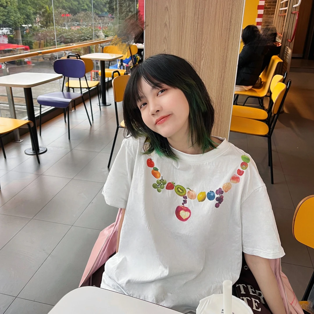 美式复古小众水果项链印花白色纯棉宽松短袖t恤女独特别致上衣ins
