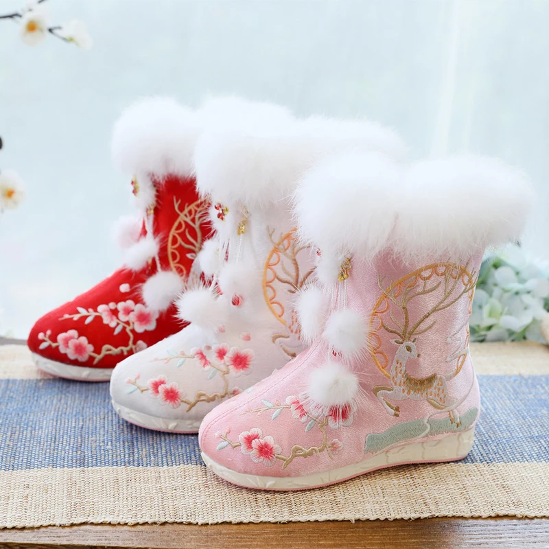 新款民族风复古加绒加厚平底雪地靴拜年靴棉鞋女童古装汉服靴布鞋