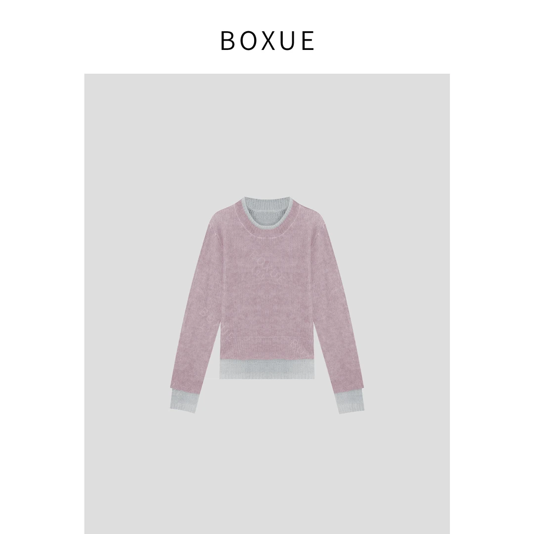 BOXUE "薄雾" 2024秋季新款拼色假两件轻奢 毛衣#240907MY414