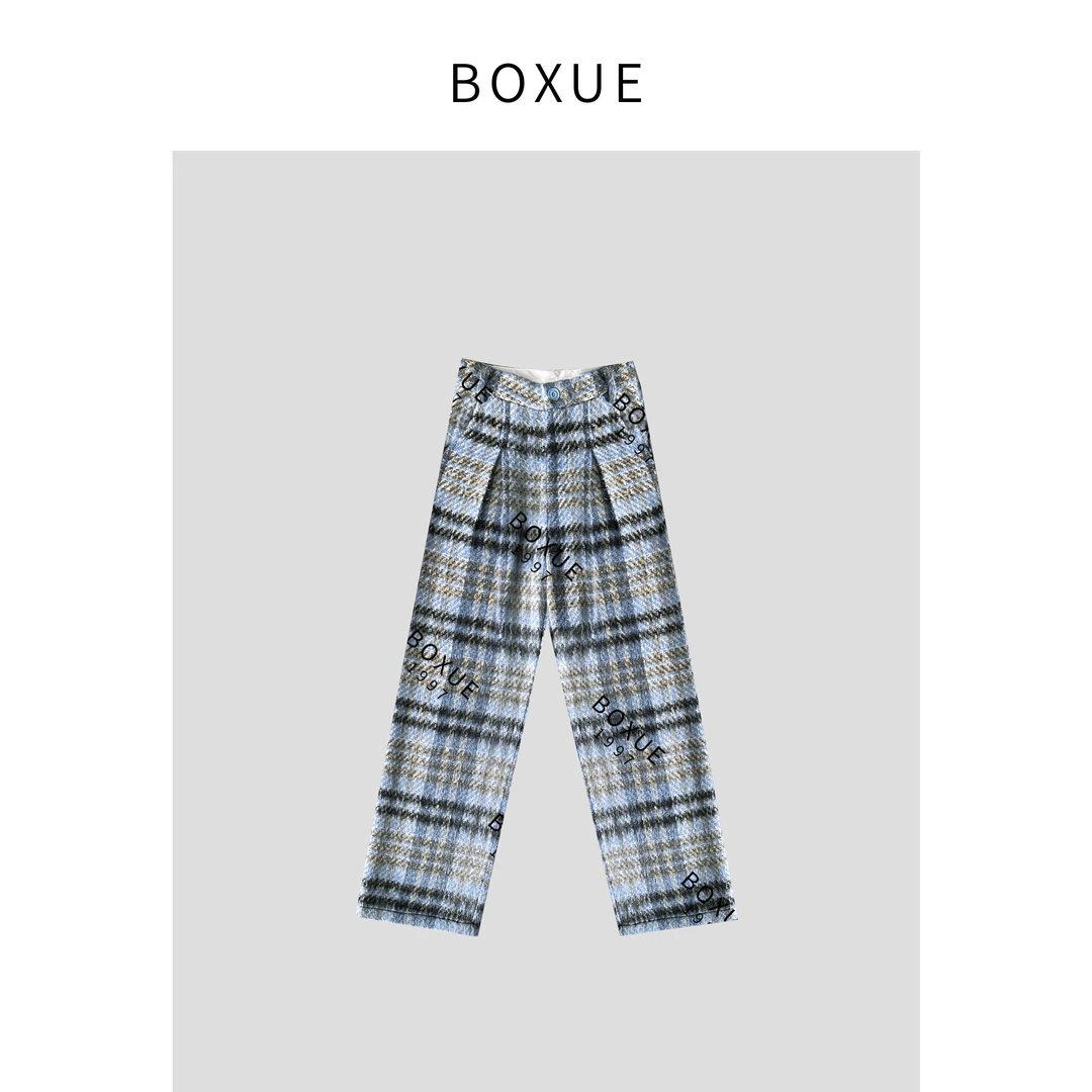 BOXUE“奶蓝格子羊毛裤” 时尚休闲百搭 裤子#231209K77