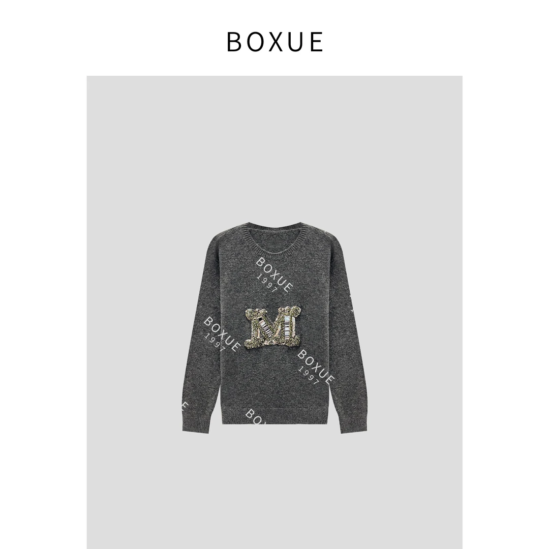 BOXUE“着迷”时尚休闲字母钻 毛衣#230907MY531