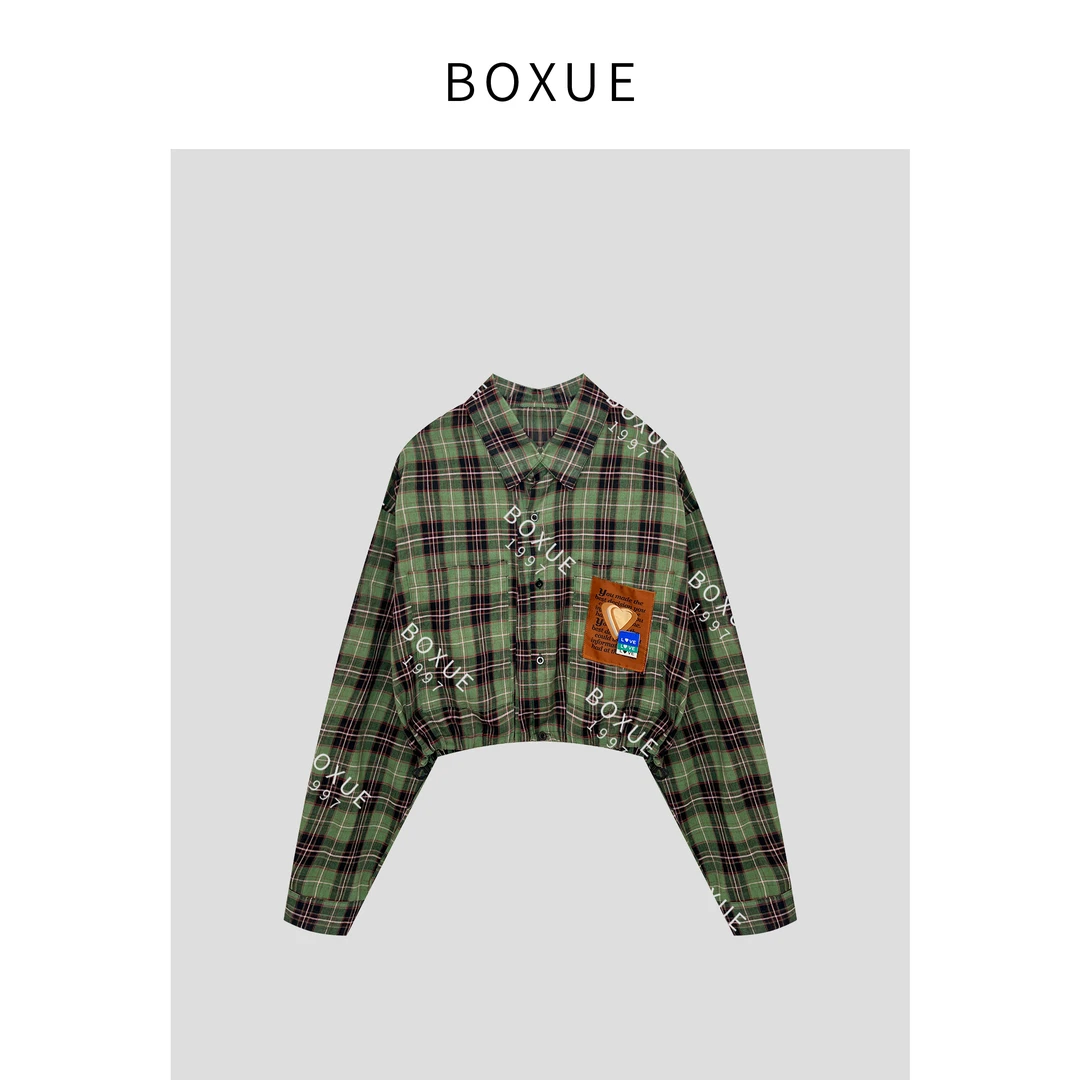 BOXUE “格子控”秋季复古拼接格子长袖 衬衫 #230814CS76