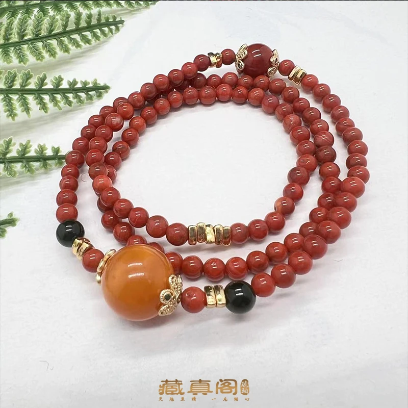 【藏真阁】H1339蜜蜡DIY圆珠三圈手串