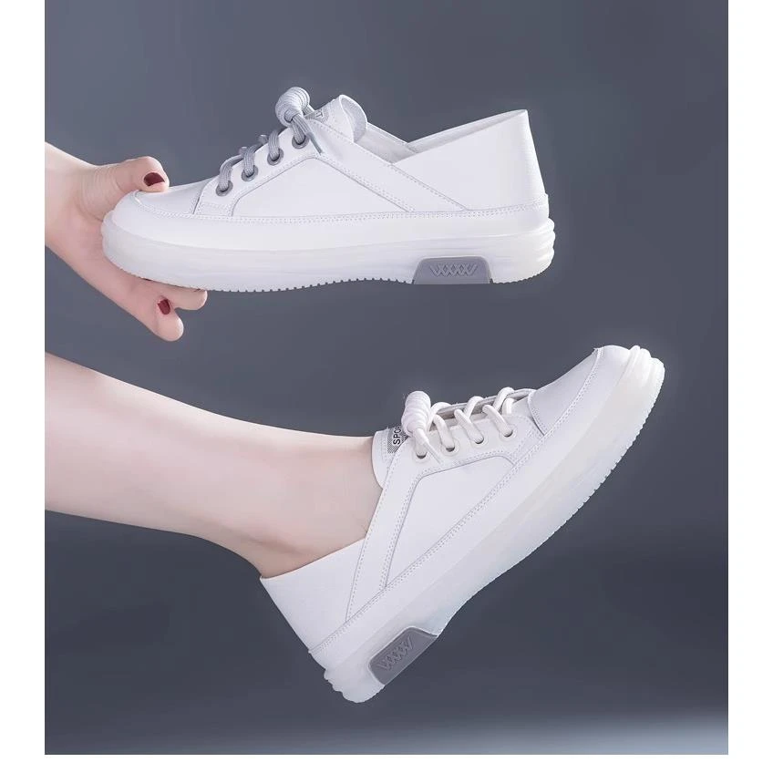 真皮小白鞋女2024春夏牛筋底软底软面透气两穿板鞋网红时尚休闲