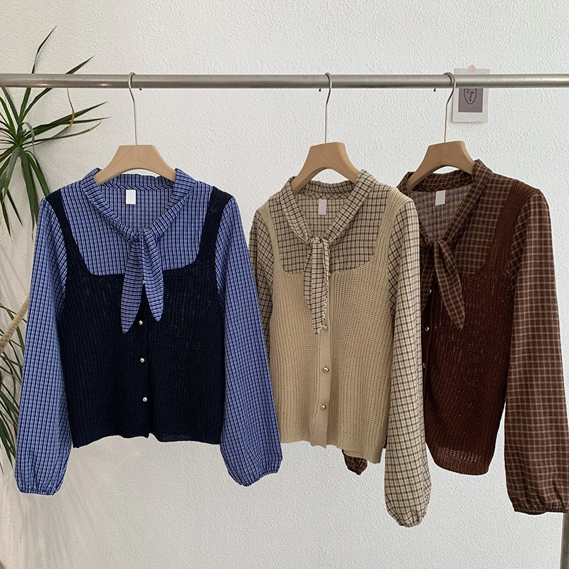 欧玛莱 格子针织假两件长袖衬衫女秋季新款蝴蝶结系带上衣潮10383