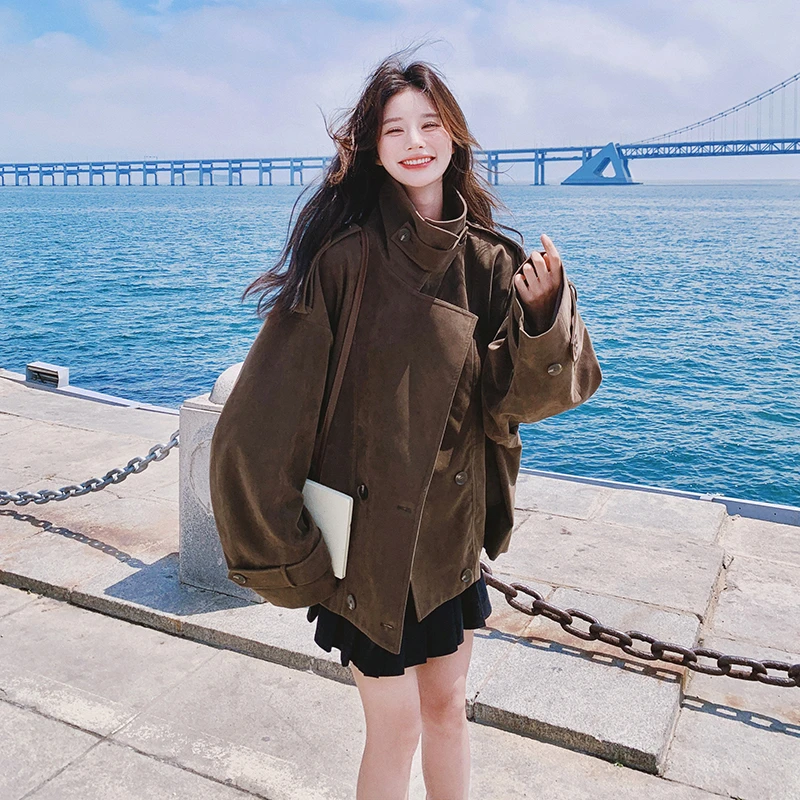 棕色美拉德设计感风衣外套女2024秋季新款复古百搭宽松麂皮绒大衣
