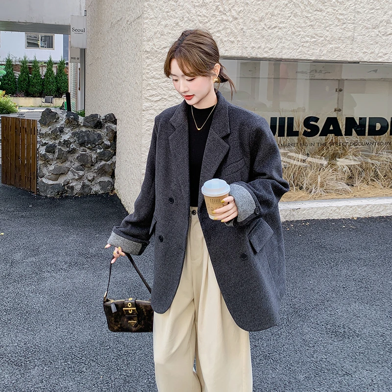 时尚韩系气质羽绒西装呢大衣女中长款冬季新款90白鸭绒毛呢外套