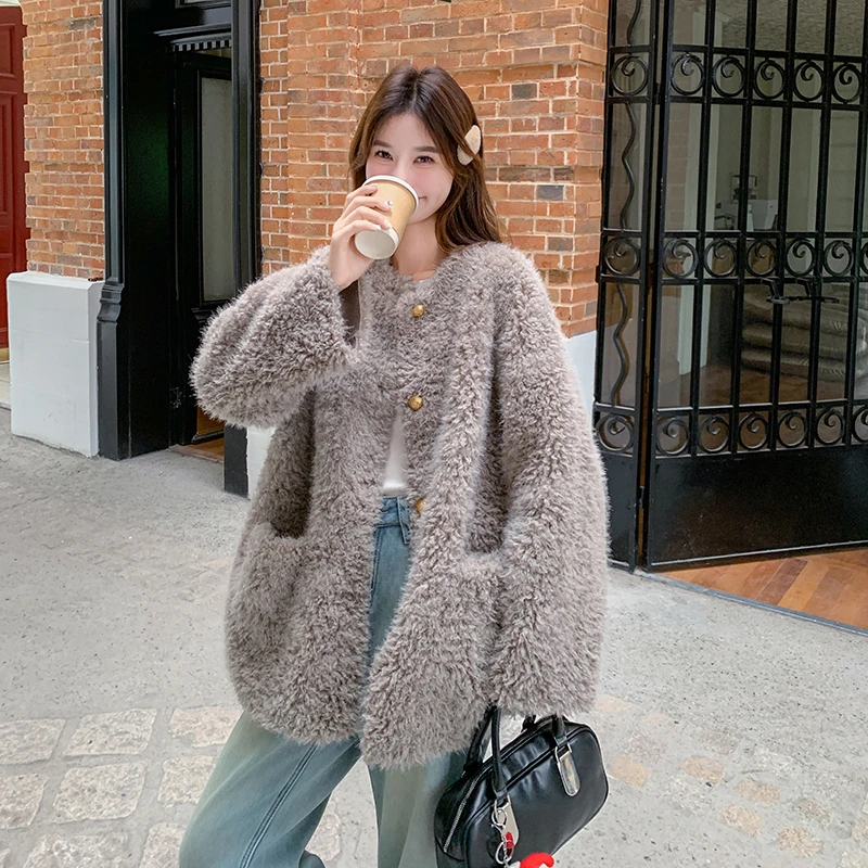 灰色韩系温柔慵懒风羊羔毛外套女2024秋冬新款皮毛一体氛围感棉服